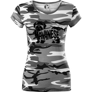 Dámské tričko Havanese nápis v těle - Dámské maskáčové triko - 2XL ( Šedý maskáč )
