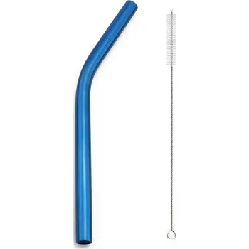 Nerezové široké brčko s kartáčkem | eko brčko, kovové brčko - 1ks modrý ohnutý
