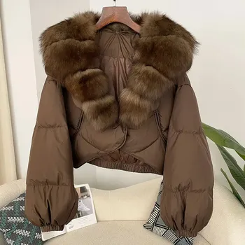 Dámská parka péřová bunda s dlouhým rukávem a límcem z liščí kožešiny Velikost: S, Barva (Varianta): Full Brown J