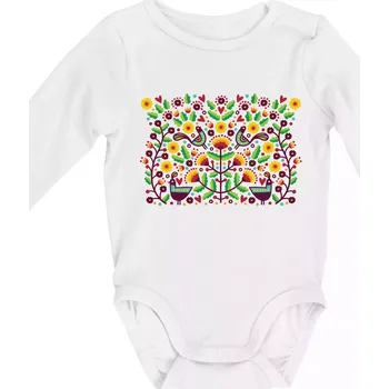 Folklor - barevně kvetiny obdélník - Body kojenecké s dlouhým rukávem - Dlouhý r. do 3 měs ( Bílá )