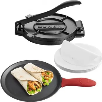 VEVOR lis na tortilly, 8palcový litinový výrobník tortill a roti, vysoce odolný lis na tortilladora, výrobníky pataconery s rukojetí a 100 ks pergamenového papíru, lis na těsto a taco pro moučné tortilly, tawa