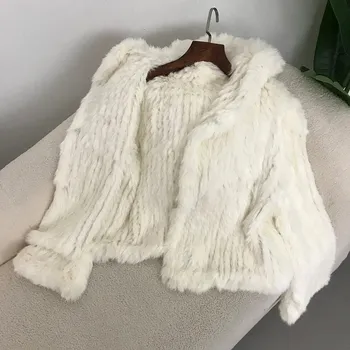 Dámský kabát Ručně tkaný králičí kabát s kapucí Barva: Bílá, Velikost: ONE SIZE