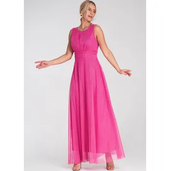 Dámské šaty Tmavě růžové tylové maxi šaty se zavazováním v pase M1205 Fuchsia Velikost: S/M