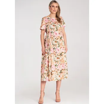 Dámské šaty Smetanové midi šaty se stahovacími šňůrkami a květinovým potiskem M1218 Ecru Velikost: ONE SIZE