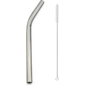 Nerezové široké brčko s kartáčkem | eko brčko, kovové brčko - 1ks stříbrné ohnuté