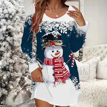 Dámské šaty Vánoční červené šaty s potiskem sněhuláka Barva: Modrá, Velikost: L