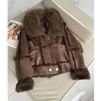 Dámská parka Krátká jarní kožená bunda s králičí kožešinou Barva: Čokoládová, Velikost: L