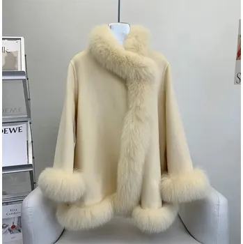 Dámský kabát dámský plášť s límcem z pravé kožešiny – zimní elegantní kabát Barva: Žlutá, Velikost: M