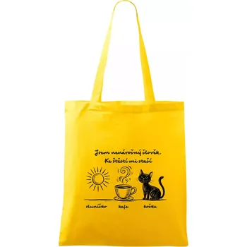 Jsem nenáročný člověk. Ke štěstí mi stačí sluníčko kafe kočka - Taška bavlněná - 42 x 38 cm ( Žlutá )