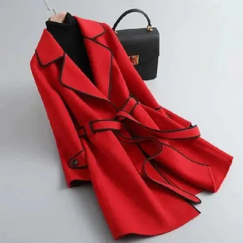 Dámský kabát Dlouhý dámský vlněný kabát ve volném střihu Barva: Červená, Velikost: 3XL