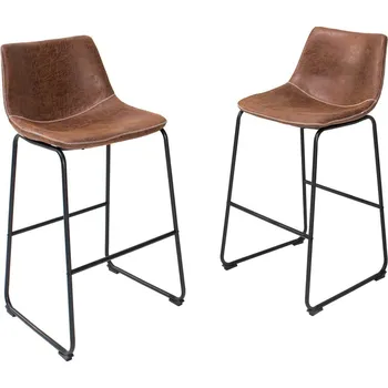 Barová židle Stylová kožená hnědá čalouněná barová židle Django s bílým prošívaným lemem a černou kovovou konstrukcí 100 cm