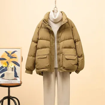 Dámská parka Hřejivá prošívaná zimní bunda s volným střihem a límcem Barva: Khaki, Velikost: S