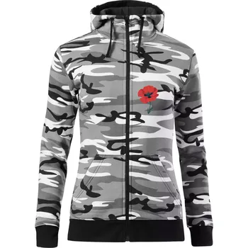 Dámská mikina Vlčí mák kreslený na prsu - Dámská mikina trendy zipper s kapucí - S ( Šedý maskáč )