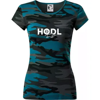 Hodl, nápis a býk - Dámské maskáčové triko - L ( Petrolejová maskáč )