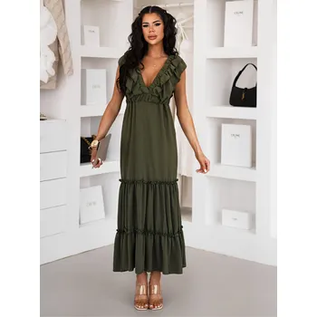 Dámské šaty Khaki dlouhé letní šaty BLANQE s volánky Velikost: ONESIZE