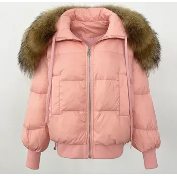 Dámská parka Zimní péřová bunda s kapucí a přírodní kožešinou z mývalovce Velikost: S, Barva (Varianta): pink natural