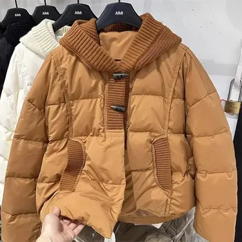 Dámská parka péřová bunda v krátkém střihu s prošíváním a kapucí Barva: Oranžová, Velikost: M