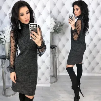 Dámské šaty Krajkové šaty s dlouhým rukávem v retro stylu Barva: Šedá, Velikost: S