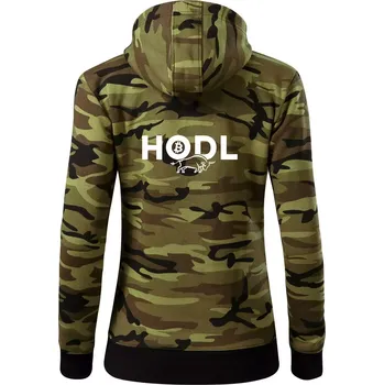 Dámská mikina Hodl, nápis a býk - Dámská mikina trendy zipper s kapucí - XS ( Zelený maskáč )