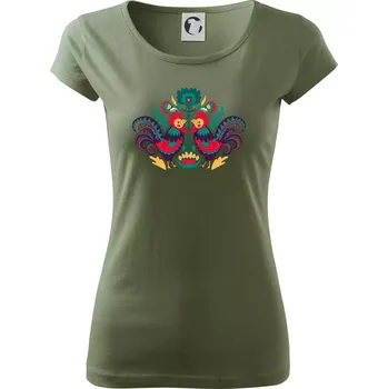 Dámské tričko Folklor - Slepice barevné - Dámské triko Pure - S ( Khaki )