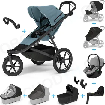 Kočárek Set 10v1 Thule Urban Glide 3 Mid blue s magnetickou sponou + madlo + korbička Black + pláštěnky a moskytiéry Thule + Autosedačka Thule Light Gray s ISOFIX základnou Thule Alfi a adaptéry