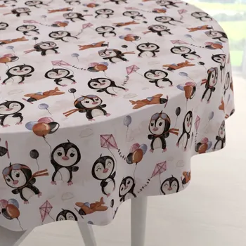 ubrus Dětský bavlněný kulatý ubrus Sandra SA-647 Tučňáčci s hnědými letadélky na bílém Ø 80 cm