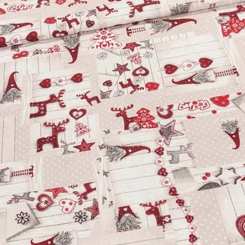 Směsové plátno vánoční DECORA NAVIDAD, skřítci na béžovém dřevě, š.140cm (látka v metráži)