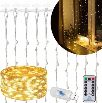 Vánoční dekorace Springos LED Nano světelný závěs - 3x3m, 300LED, 8 funkcí, ovladač, USB, IP44, teplá bílá