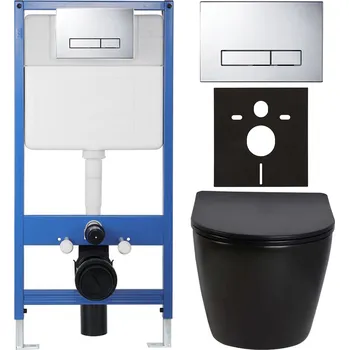 WC sada CERANO - Kompletní podomítkový WC set Lite/Verde - černá lesklá - WC tlačítko Slim, chrom - předstěnová instalace/sádrokarton - 49x36 cm