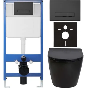 WC sada CERANO - Kompletní podomítkový WC set Lite/Verde - černá lesklá - WC tlačítko Slim, černé matné - předstěnová instalace/sádrokarton - 49x36 cm