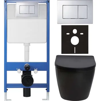 WC sada CERANO - Kompletní podomítkový WC set Lite/Verde - černá matná - WC tlačítko Classic, chrom - předstěnová instalace/sádrokarton - 49x36 cm