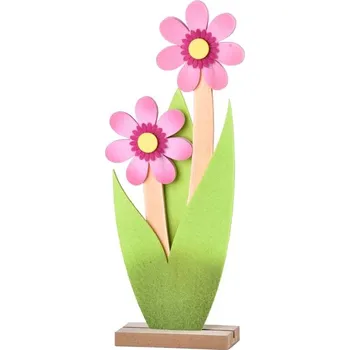 Dřevěná dekorace, filc 120x45x295 mm květiny, růžová