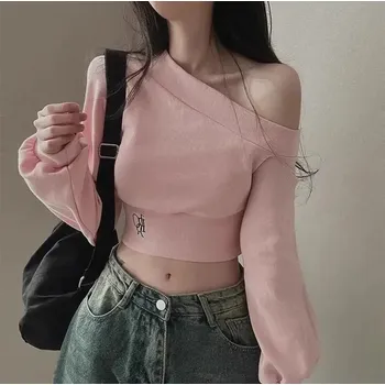 Dámská mikina mikina s odhaleným ramenem – podzimní krátký střih Barva: Růžová, Velikost: XL