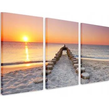 Obraz Obrazy do obýváku Obraz na plátně Západ slunce na pláži Vlnolam 90x180