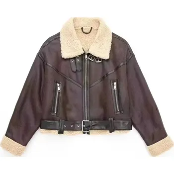 Dámský křivák Krátká kožená bunda – módní styl Barva: Kávová, Velikost: S