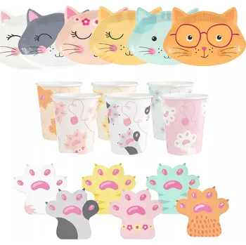 Talíř Sada Talířů, Kelímků a Ubrousků Kočka Kotě pro 6 osob, 24 dílů