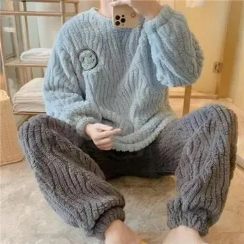 Pánský flanelový domácí set – teplý, dvoudílný, huňatý Velikost: 3XL, Barva (Varianta): 204 light blue smiley face