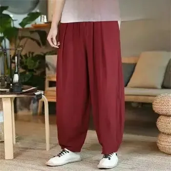 Pánské volné lněné kalhoty – styl s nízkým sedem Velikost: 3XL, Barva (Varianta): Wine Red