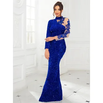 Dámské šaty Dlouhé šaty s rukávy z jemné síťoviny, kulatý výstřih Barva: Modrá, Velikost: M