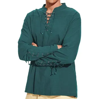 Pánská košile Pánská lněná košile s dlouhým rukávem a vázáním – retro styl Barva: Zelená, Velikost: 3XL