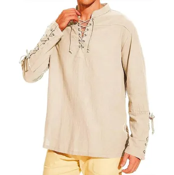 Pánská košile Pánská lněná košile s dlouhým rukávem a vázáním – retro styl Barva: Khaki, Velikost: M