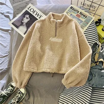 Dámská mikina Dámská zateplená mikina s límečkem – krátký model na zimu Barva: Khaki, Velikost: S