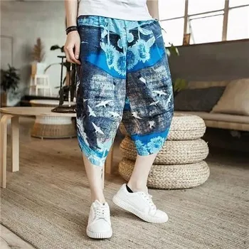 Pánské kalhoty volné kalhoty – lněné, etnický styl, unisex Velikost: M, Barva (Varianta): Crane