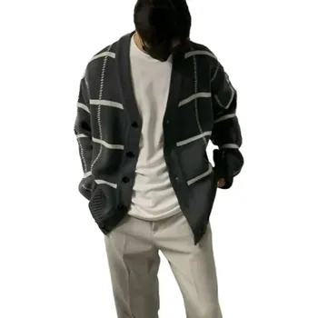 Pánský svetr Pánský pletený cardigan – v-střih, kostka, volný střih Barva: Šedá, Velikost: M