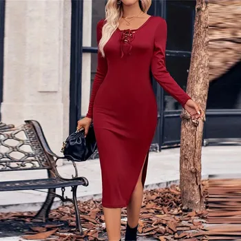 Dámské šaty Dámské šněrovací šaty – dlouhý rukáv, vintage styl, vysoký pas Barva: Červená, Velikost: M