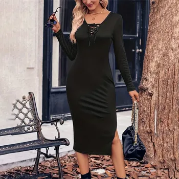 Dámské šaty Dámské šněrovací šaty – dlouhý rukáv, vintage styl, vysoký pas Barva: Černá, Velikost: 3XL