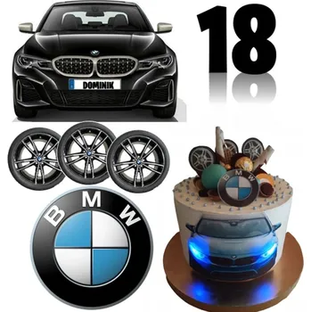 Jedlá dekorace na dort Cukrová hmota Artcakes černá cukrová ozdoba BMW se jménem a LED diodami