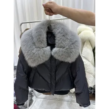 Dámská parka Dámská péřová zimní bunda – s límcem a pravou kožešinou Velikost: S, Barva (Varianta): Šedá