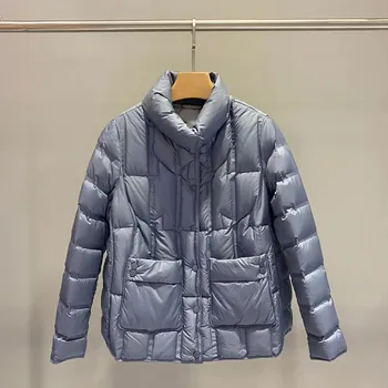 Dámská parka Krátká prošívaná bunda – lehká, péřová, jednobarevná Barva: Modrá, Velikost: S