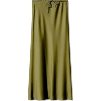 Dámská sukně Dlouhá saténová sukně s vysokým pasem Elegantní dámská sukně se šněrováním Lesklá sukně pro ženy Večerní a společenské nošení olivová XL
